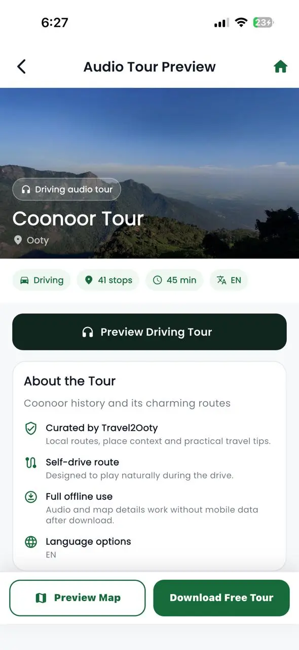 Travel2Ooty app audio tour preview screen