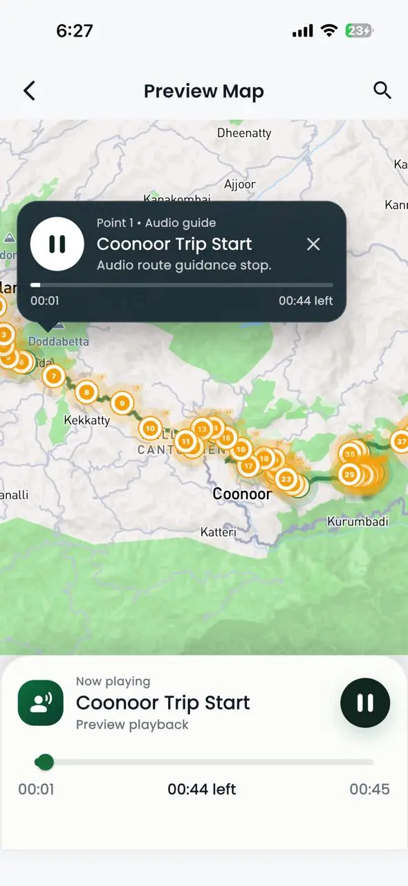 Travel2Ooty app audio tour screen for Ooty sightseeing