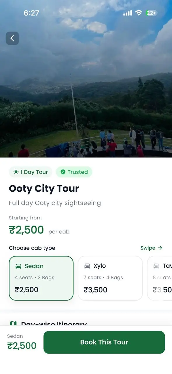 Travel2Ooty app cab booking screen for Ooty travel