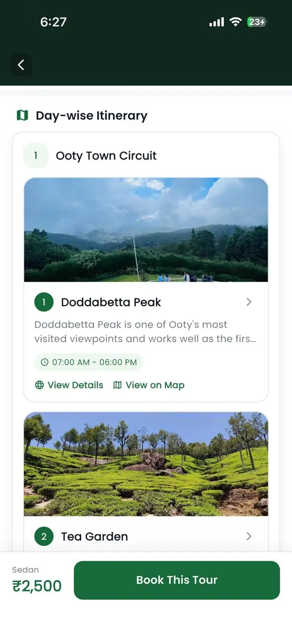 Travel2Ooty app day wise Ooty tour plan screen