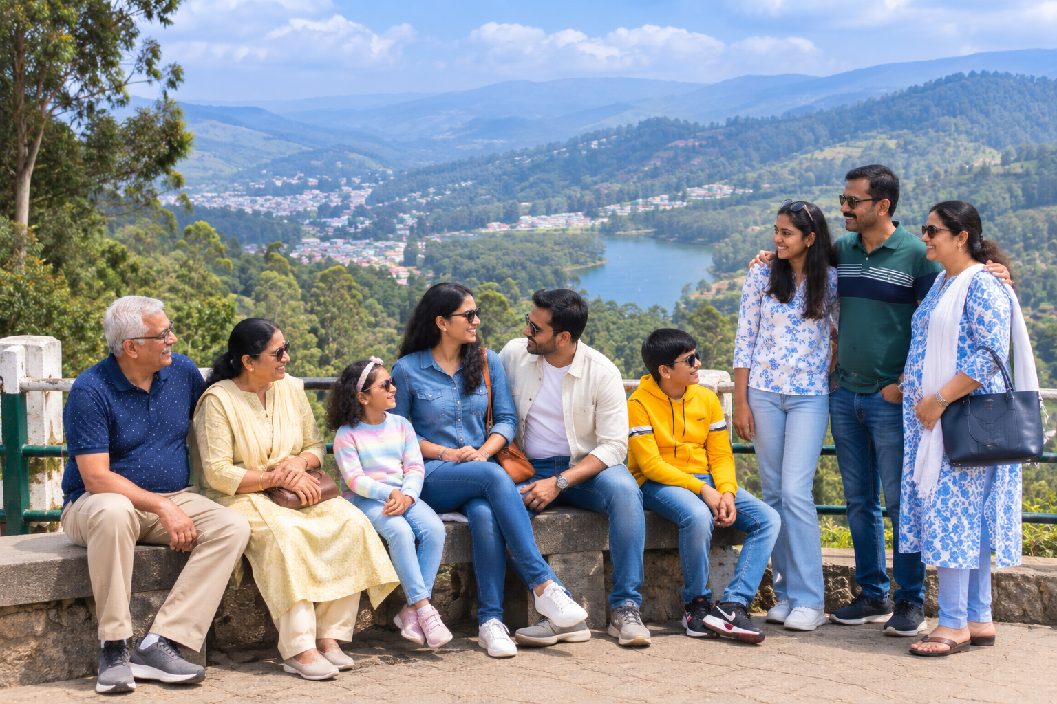 Extended family relaxing at a Nilgiris viewpoint