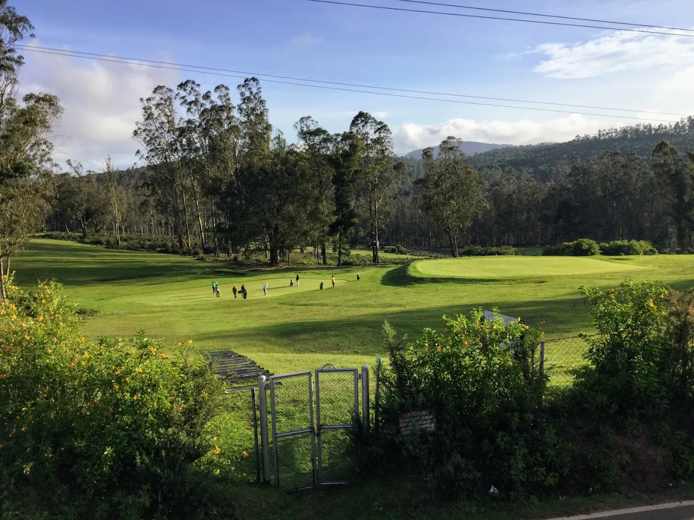 Ooty Golf Club fairways seen from outside, surrounded by tall trees and hills