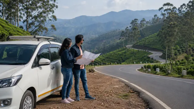 Indian couple planning an Ooty itinerary beside a private tourist cab