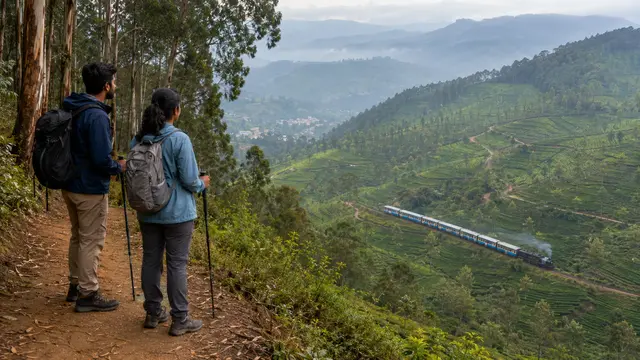 Travellers hiking on a Nilgiris trail overlooking tea estates and the mountain railway