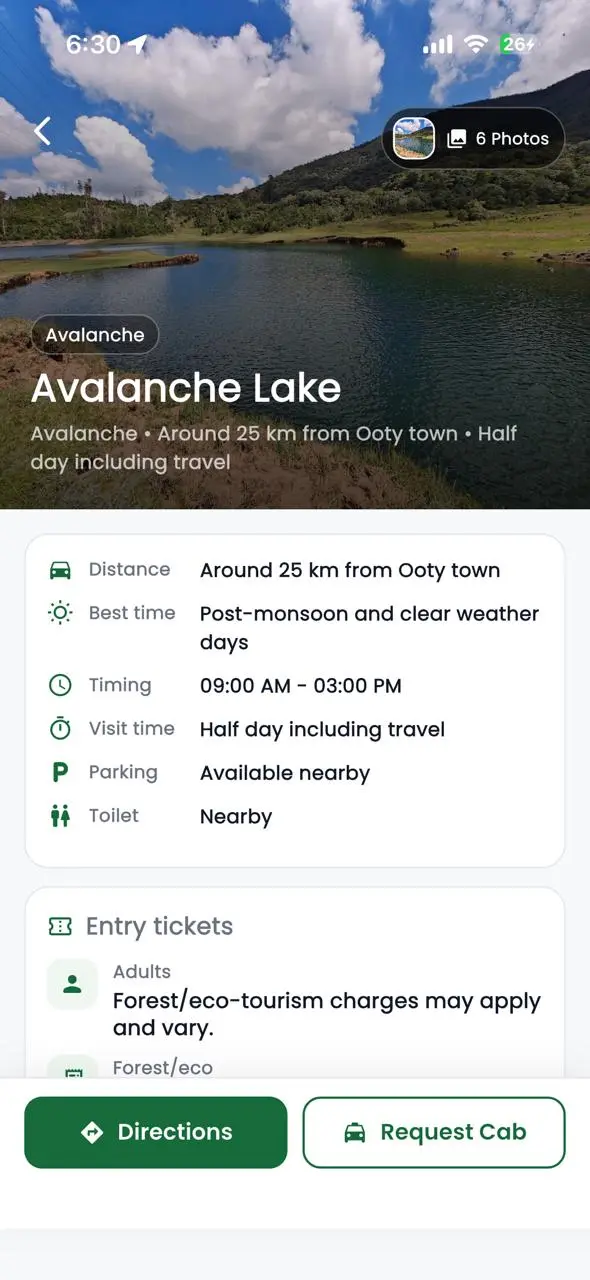 Travel2Ooty app sightseeing place details screen